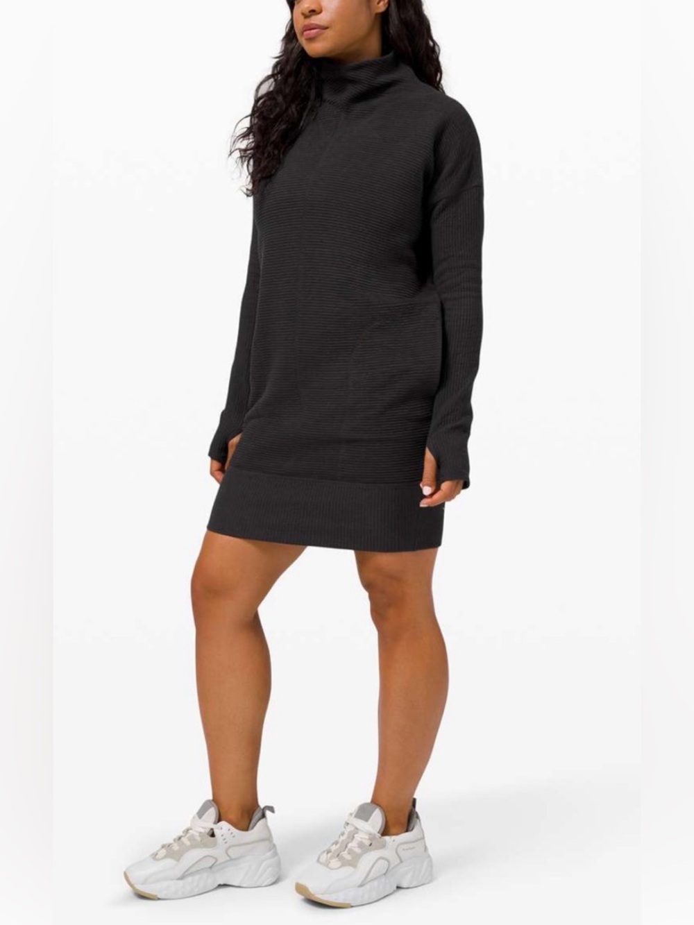 lululemon athletica Call for Cozy Black Ribbed Mockneck Mini Dress Pockets 4
